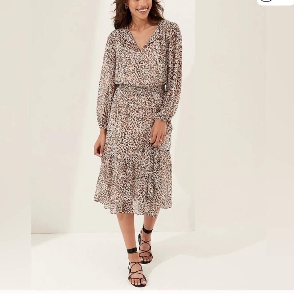 🕶️Banana Republic tie neck long sleeve leopard Georgette midi dress slip L tall